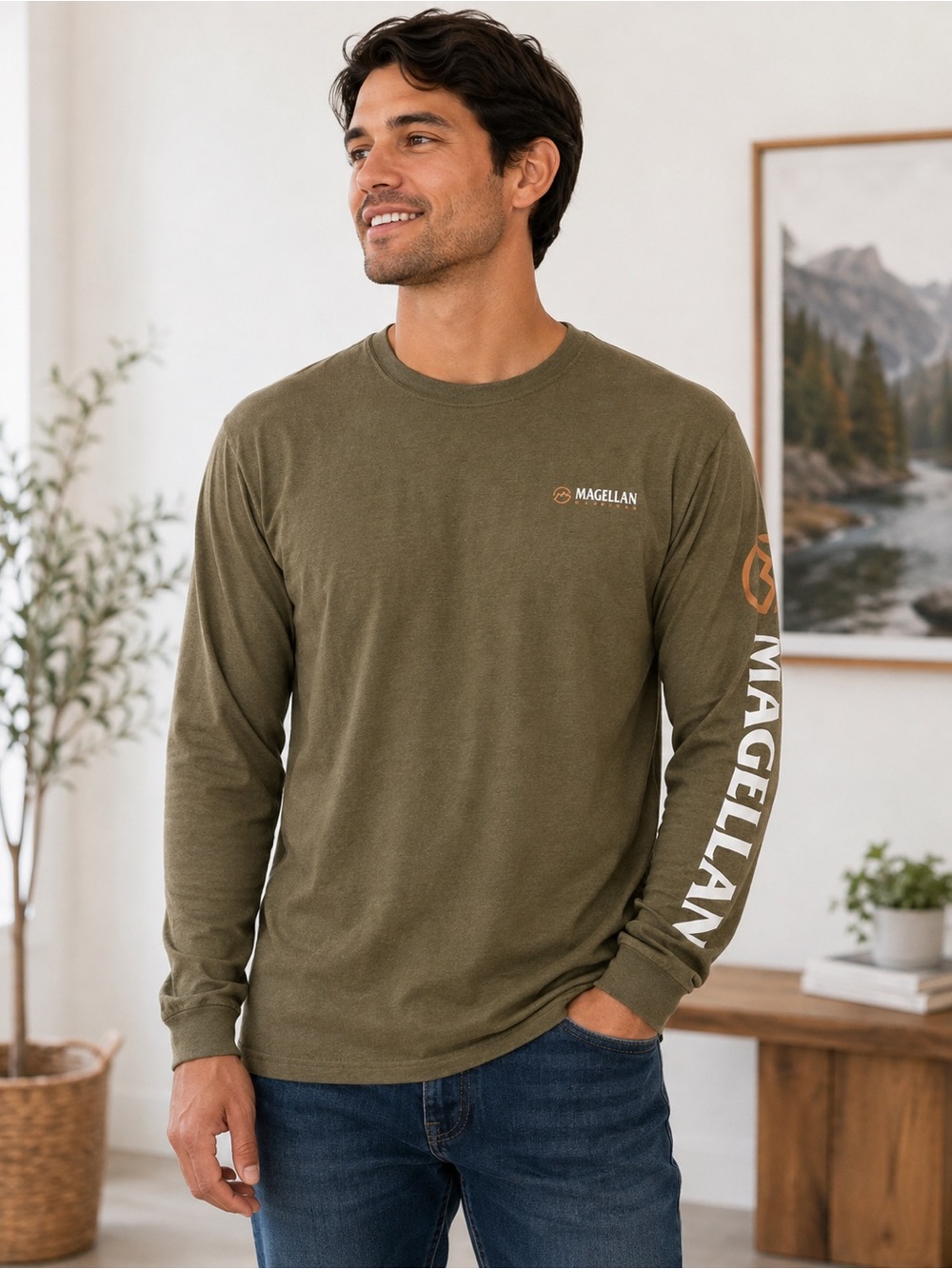 Magellan Outdoors Olive Green Long Sleeve Logo Tee Men's S
